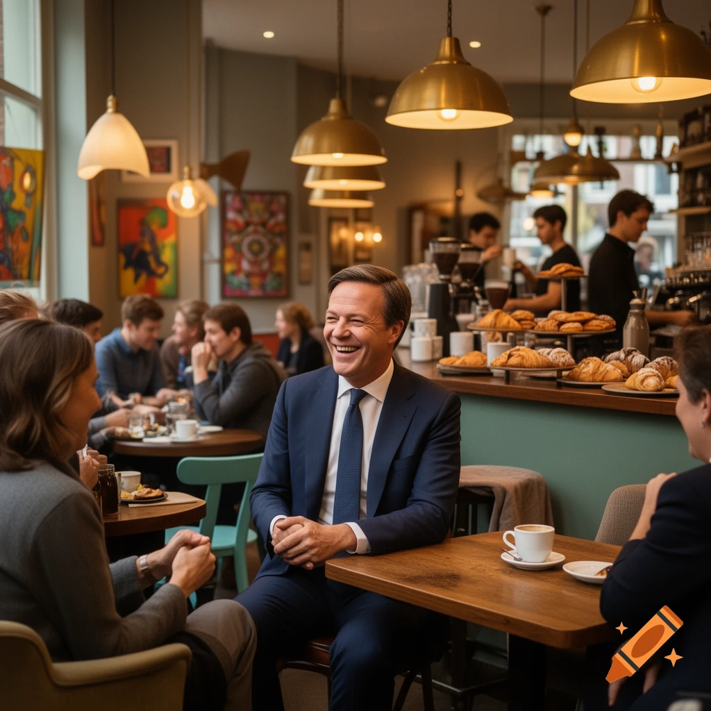 A man in a suit laughs while talking to a woman in a bustling cafe filled with other patrons and pastries on a counter.