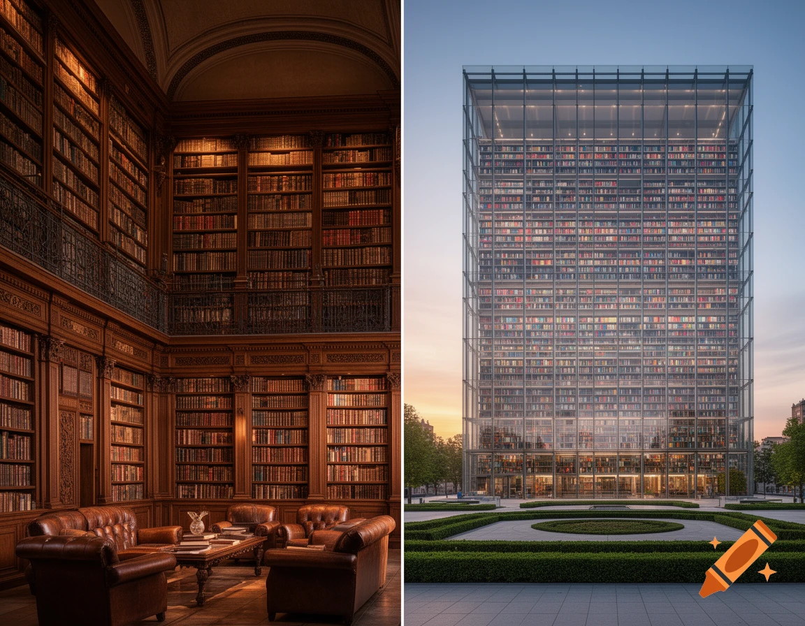 A split image: a classic, wood-paneled library with leather chairs and a modern glass skyscraper library filled with books.