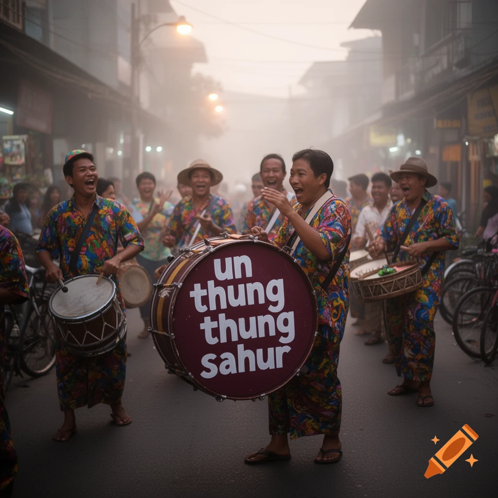A group of people in colorful clothes play drums, parading down a misty street. One large drum prominently displays "un thung thung sahur".