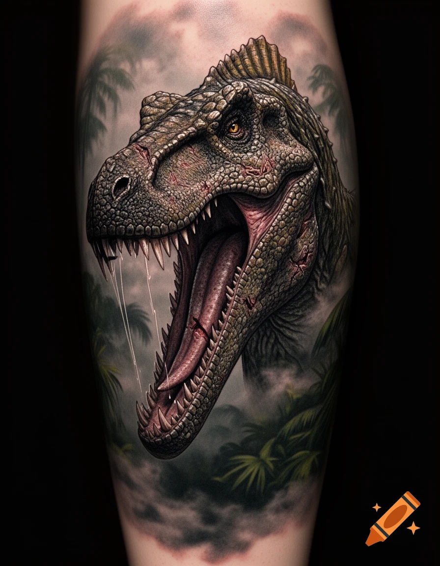 Realistic tattoo of an aggressive Spinosaurus roaring, mouth open with sharp teeth and saliva, against a foggy jungle.