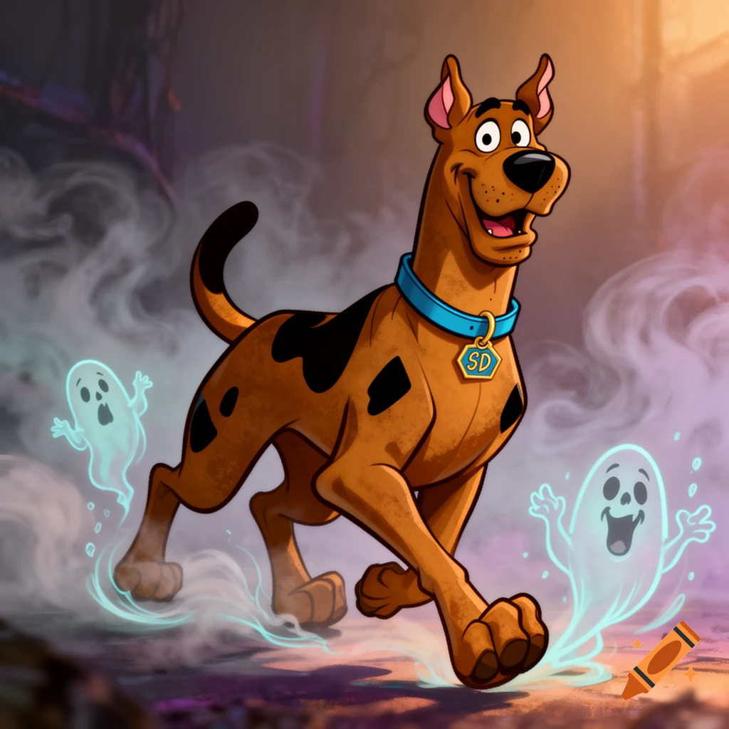 Scooby Doo, a brown and black cartoon Great Dane, runs smiling through purple mist with two light blue ghosts.