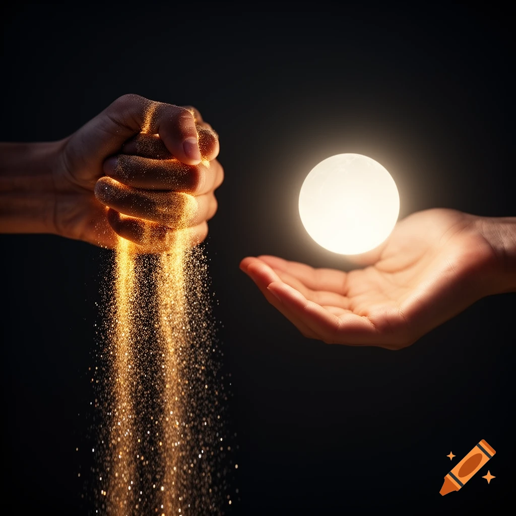 Close-up of a hand letting glowing golden sand slip through its fingers while another hand gently holds a luminous white orb against a dark background.
