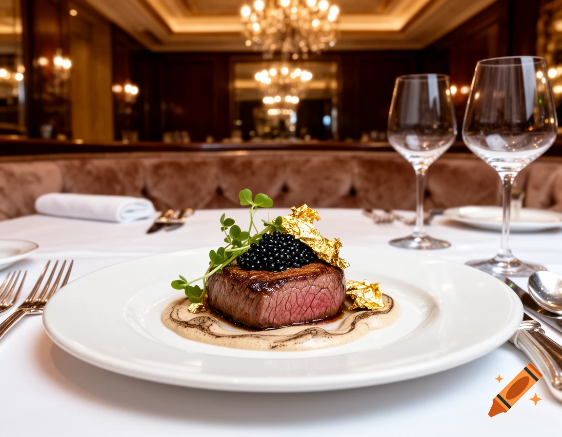 Photorealistic wagyu steak with caviar and gold leaf on a white plate in a chic restaurant.
