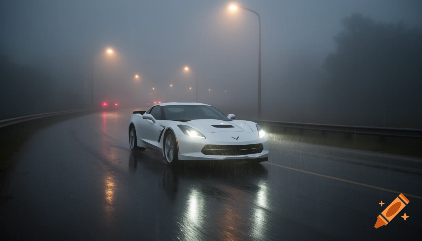 White Corvette on a wet, foggy road in the rain at night, headlights reflecting on the asphalt, with glowing street lights.