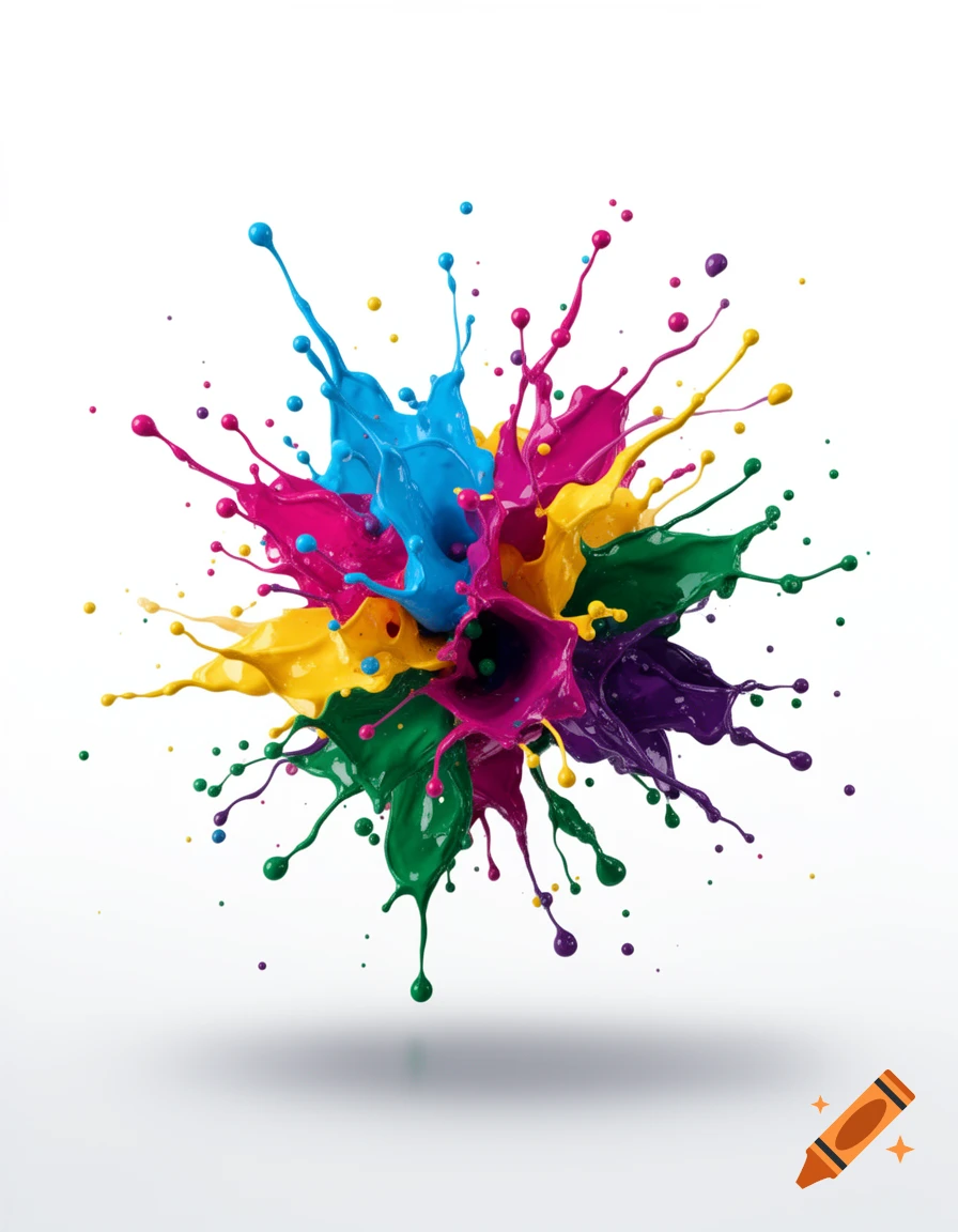 Vibrant splash of blue, pink, yellow, green, and purple paint on a white background.