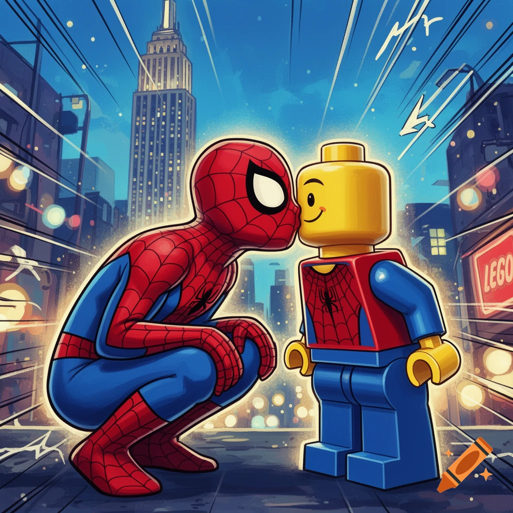 Spider-Man crouches to nuzzle a smiling Lego minifigure in a vibrant cartoon city scene with the Empire State Building in the background.