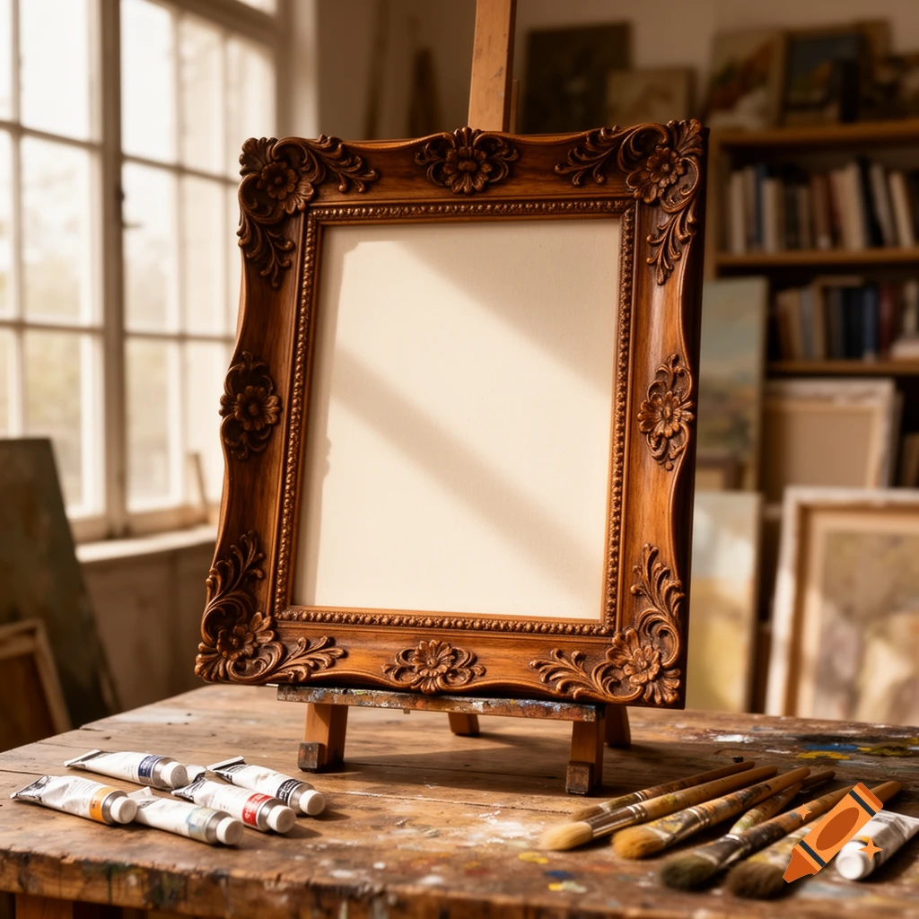 Ornate wooden frame on an easel in a sunlit art studio with paint tubes and brushes on a wooden table.