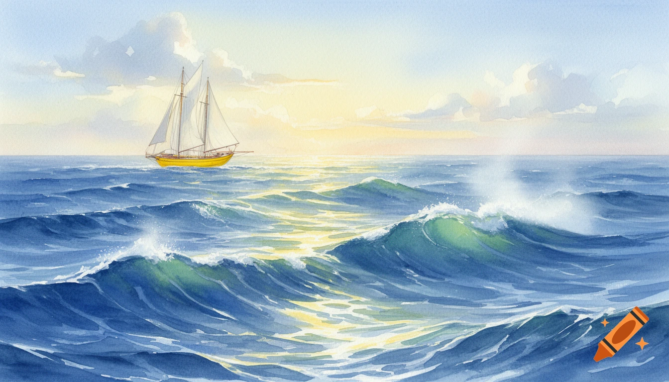 Watercolor painting of a yellow sailboat on a choppy blue ocean under a sunny sky.