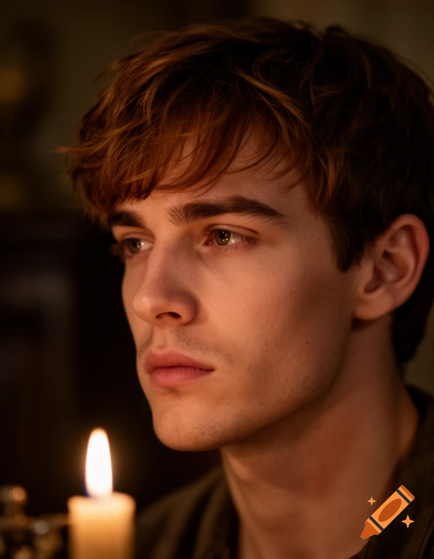 A cinematic close-up portrait of a young man with brown hair, illuminated by dim candlelight, looking to the side.