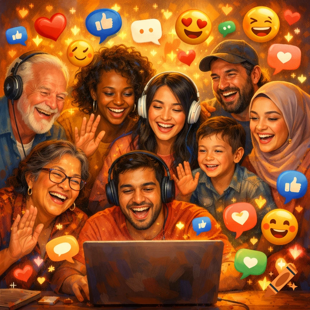 A joyful, diverse family video chatting, surrounded by social media icons and happy emojis, in a vibrant, semi-realistic style.