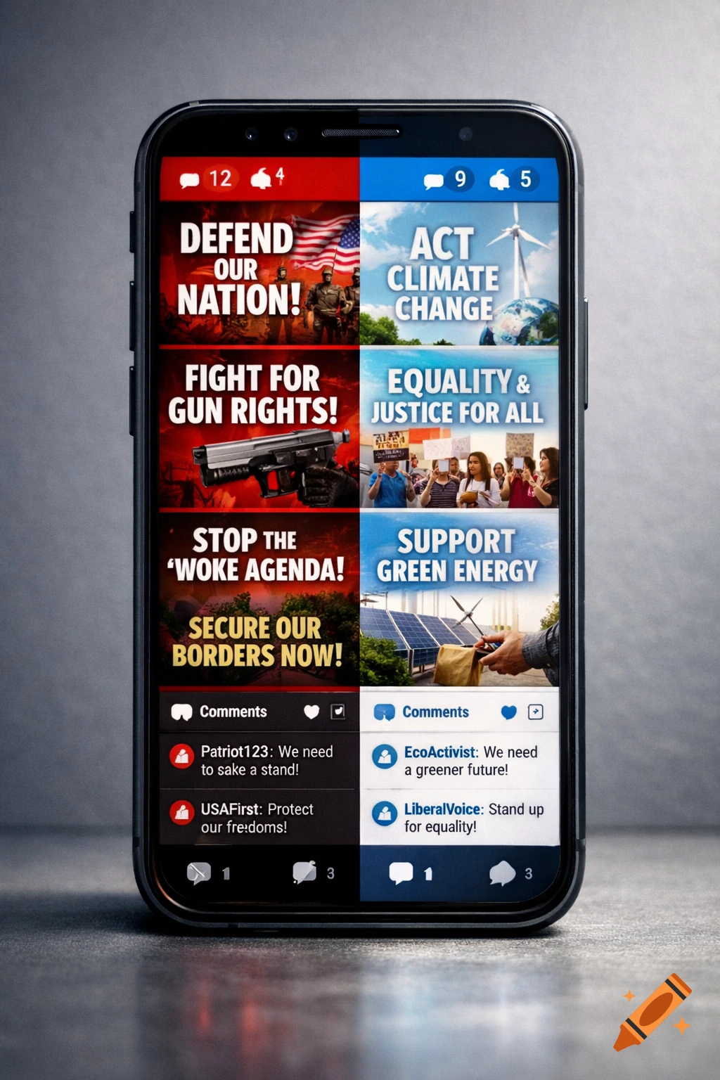 A smartphone screen split down the middle, displaying two contrasting political feeds. The left side, in red, shows conservative slogans and imagery, while the right side, in blue, features liberal slogans and imagery.