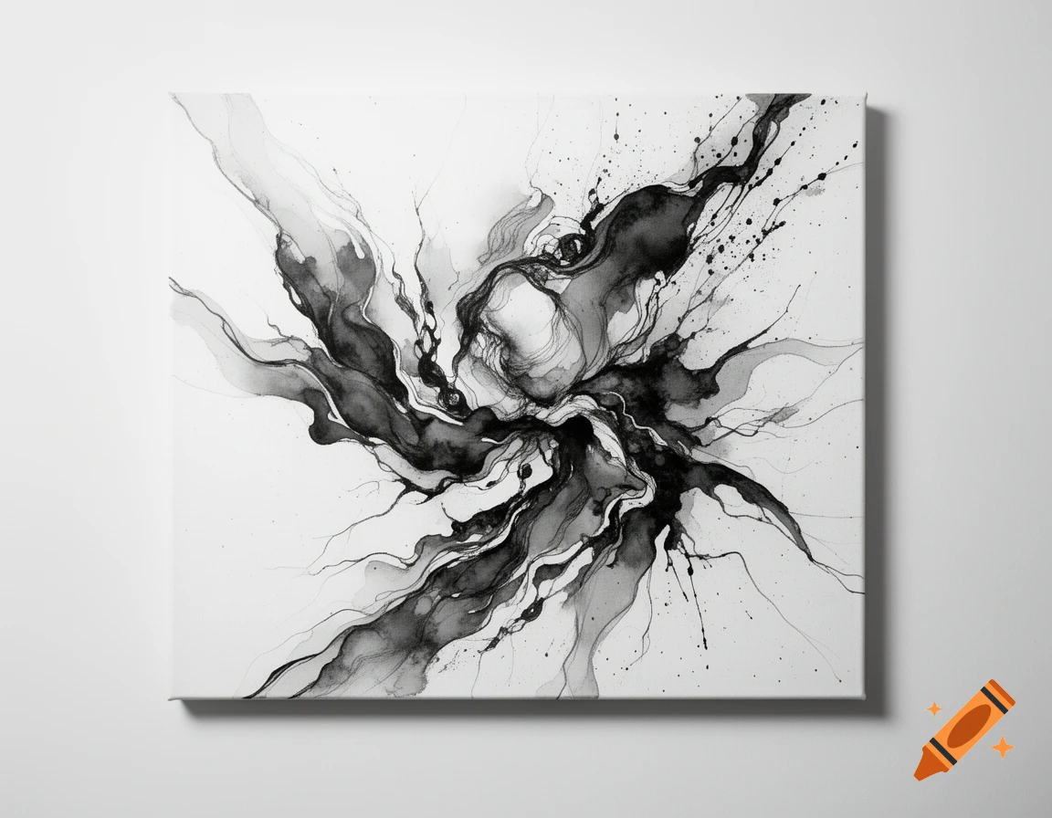 Abstract monochrome ink art featuring swirling black fluid lines and splatters on a white background, suggesting motion.