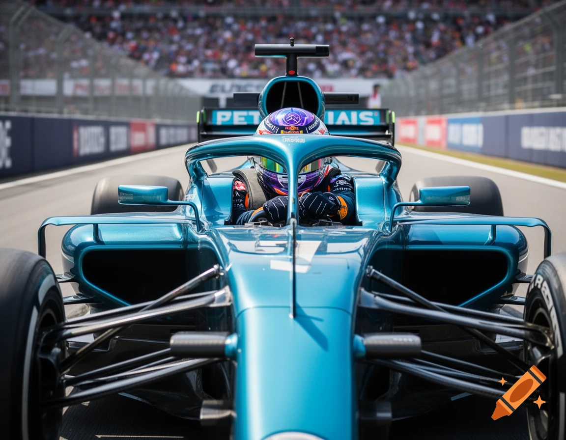 Photorealistic image of a teal Formula 1 race car and driver from a front perspective, on a sunny track with spectators.