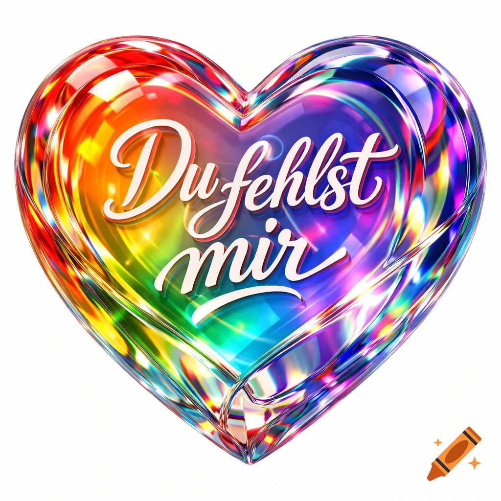 A vibrant 3D glass heart with rainbow colors and facets, featuring the white script text "Du fehlst mir" inside.