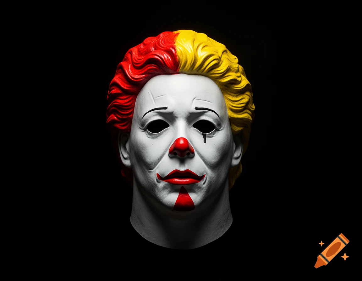 A white Michael Myers mask is painted with Ronald McDonald clown makeup and red and yellow hair, against a black background.