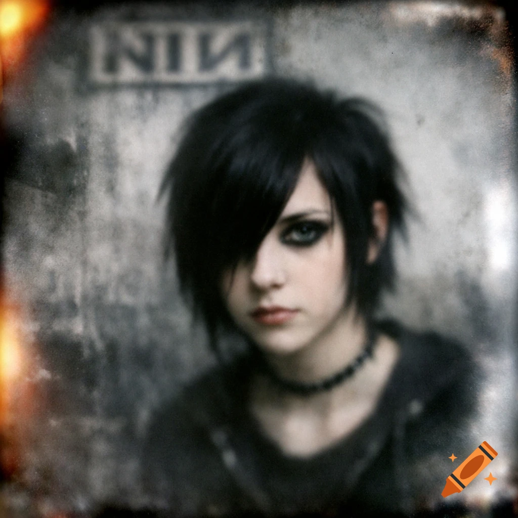 A young person with emo hair and dark makeup looks directly forward, against a blurry, distressed background with subtle reversed text. Stylized as damaged Holga photography.