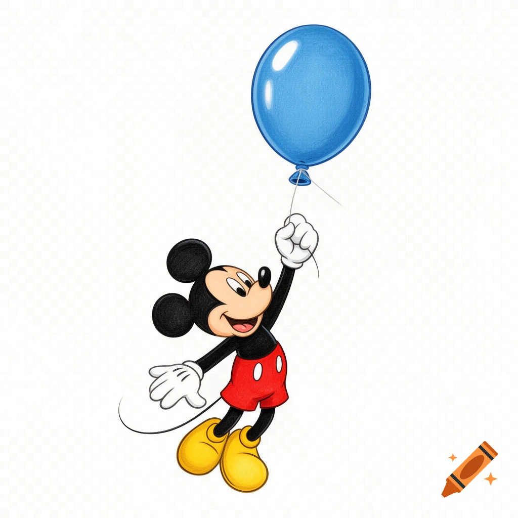 A hand-drawn Mickey Mouse floats upward, holding a large blue balloon with a single string on a transparent background.