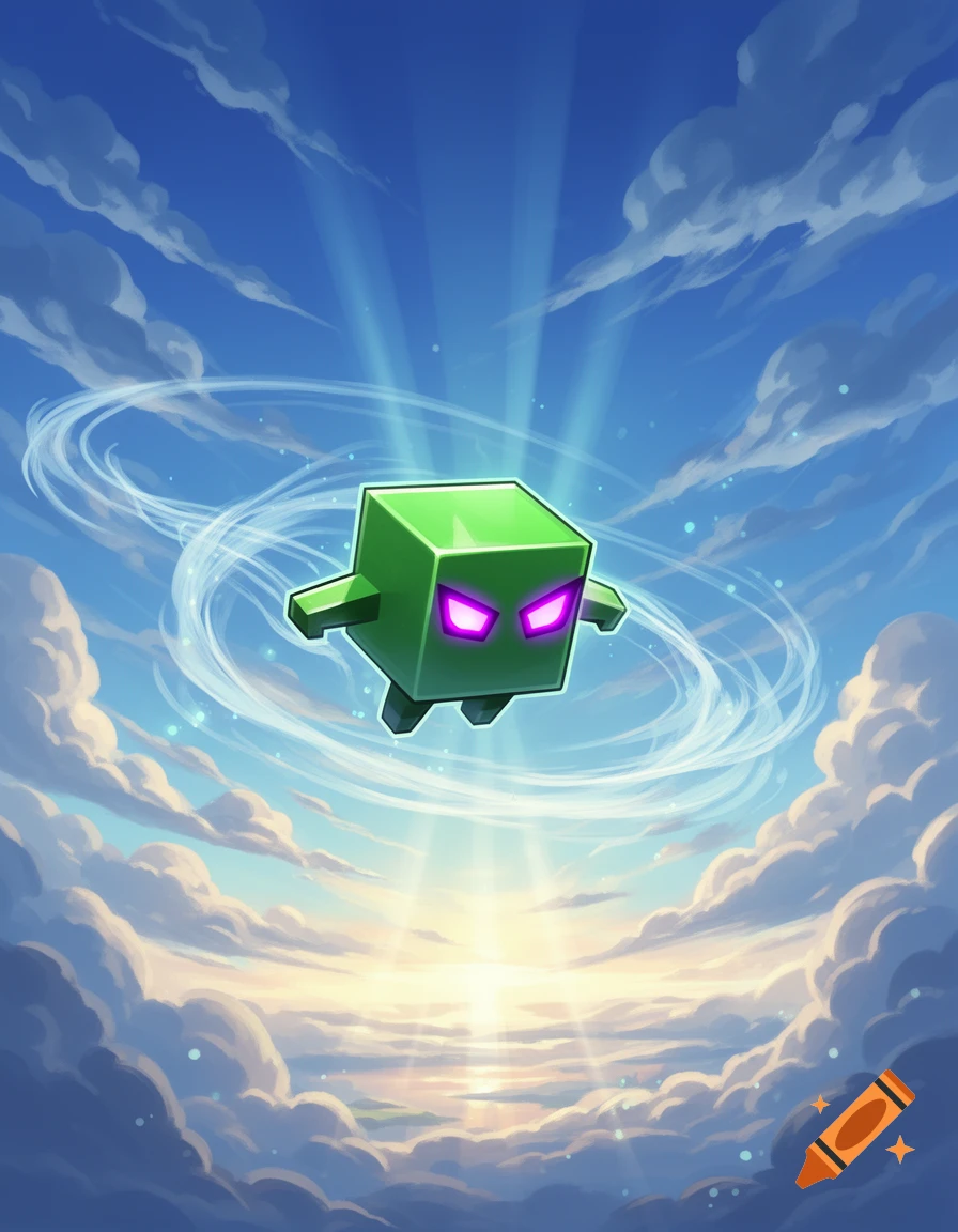 A green cube character with glowing purple eyes flies in a bright blue sky with white clouds and a sunrise.