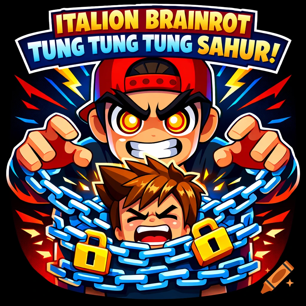 Cartoon game icon of an angry character in a red cap looming over a smaller, chained character, with 'ITALION BRAINROT TUNG TUNG TUNG SAHUR!' text.