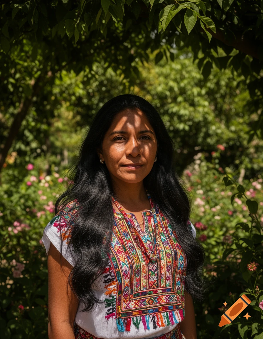 A woman with long dark hair and a colorful embroidered traditional top in a sunlit garden.
