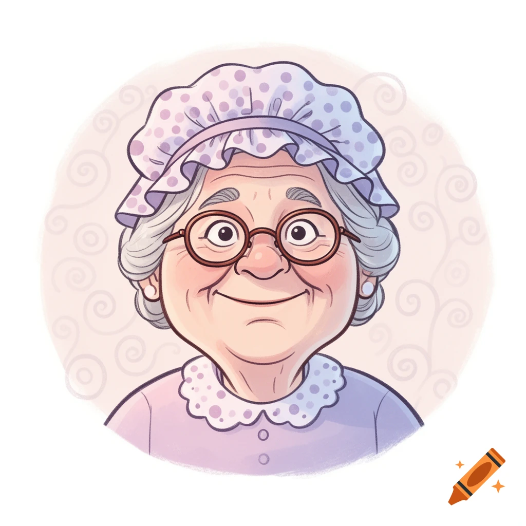 Cartoon bust of a smiling grandmother wearing round glasses, a frilly bonnet, and a light purple dress.