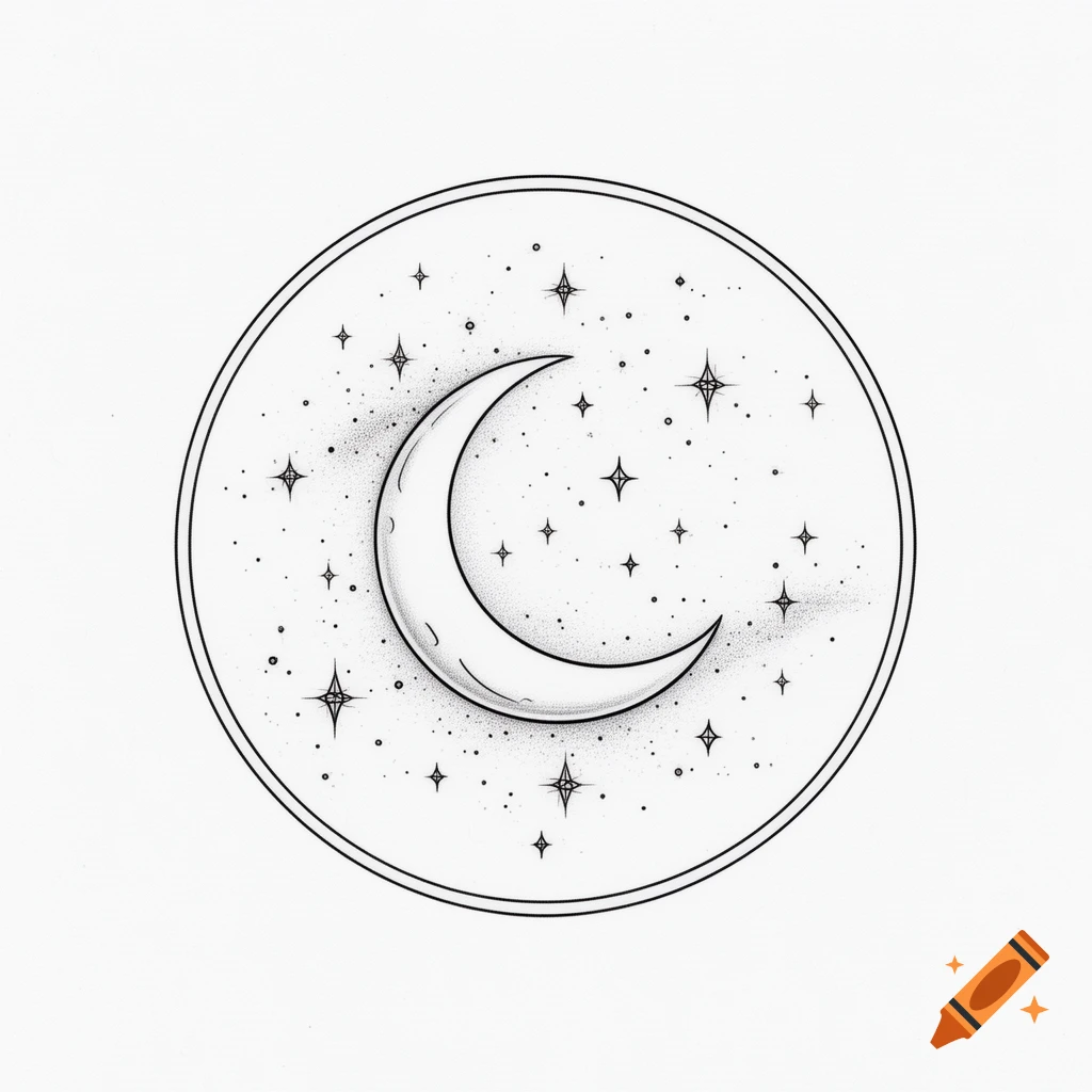 A black and white line art illustration of a crescent moon surrounded by stars and dots, enclosed in a double-lined circle.