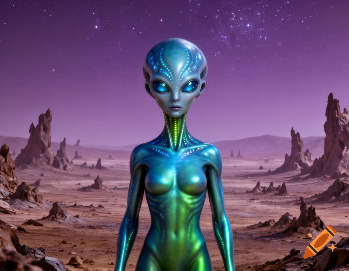 A photorealistic alien with blue and green iridescent skin stands on a barren alien planet under a purple, star-filled sky.