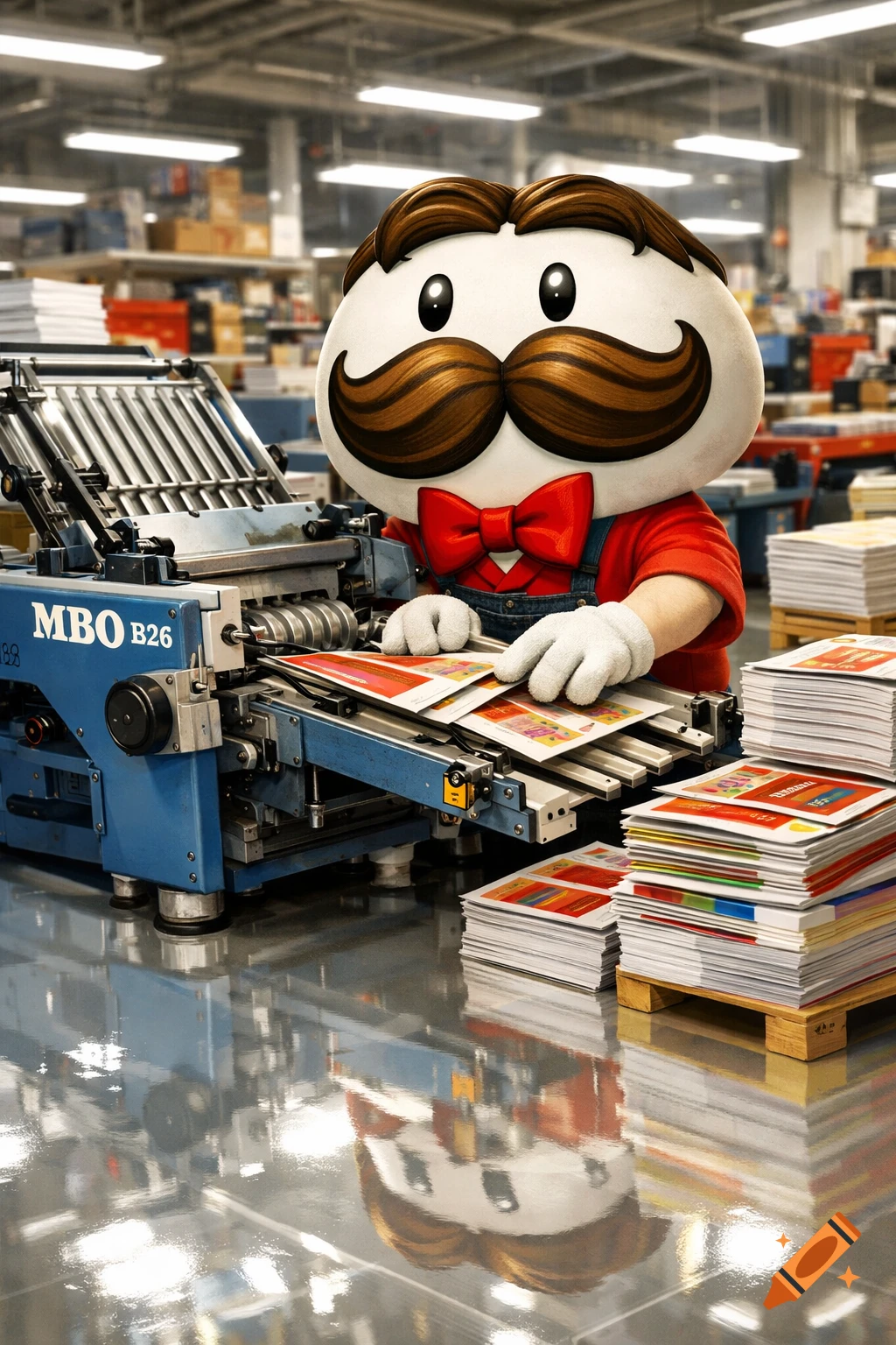 The Pringles mascot operates a blue MBO B26 printing folder in a brightly lit industrial print shop.