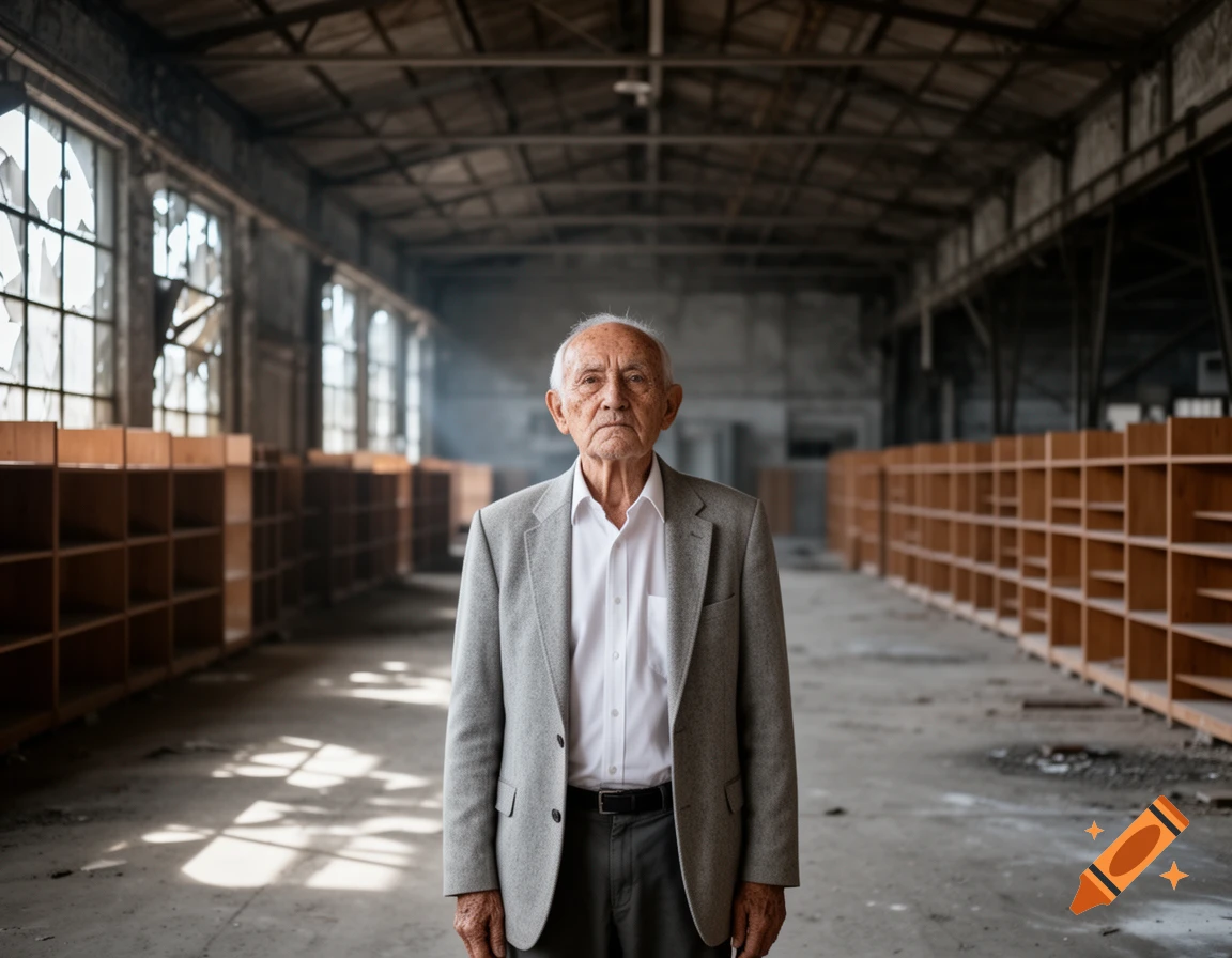 An elderly man in a suit stands in a vast, abandoned industrial warehouse with empty shelves and broken windows, looking solemnly at the camera.