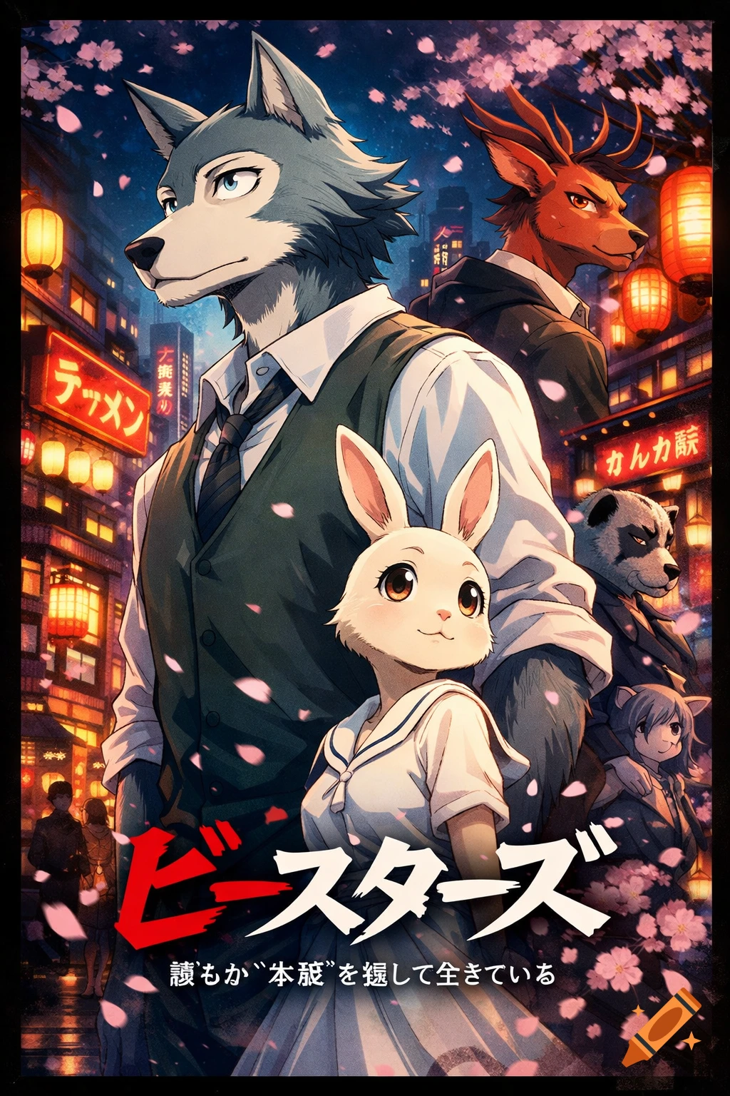 A colorful anime movie poster featuring anthropomorphic wolf, rabbit, deer, and other characters on a bustling Japanese street at night, with falling cherry blossoms.