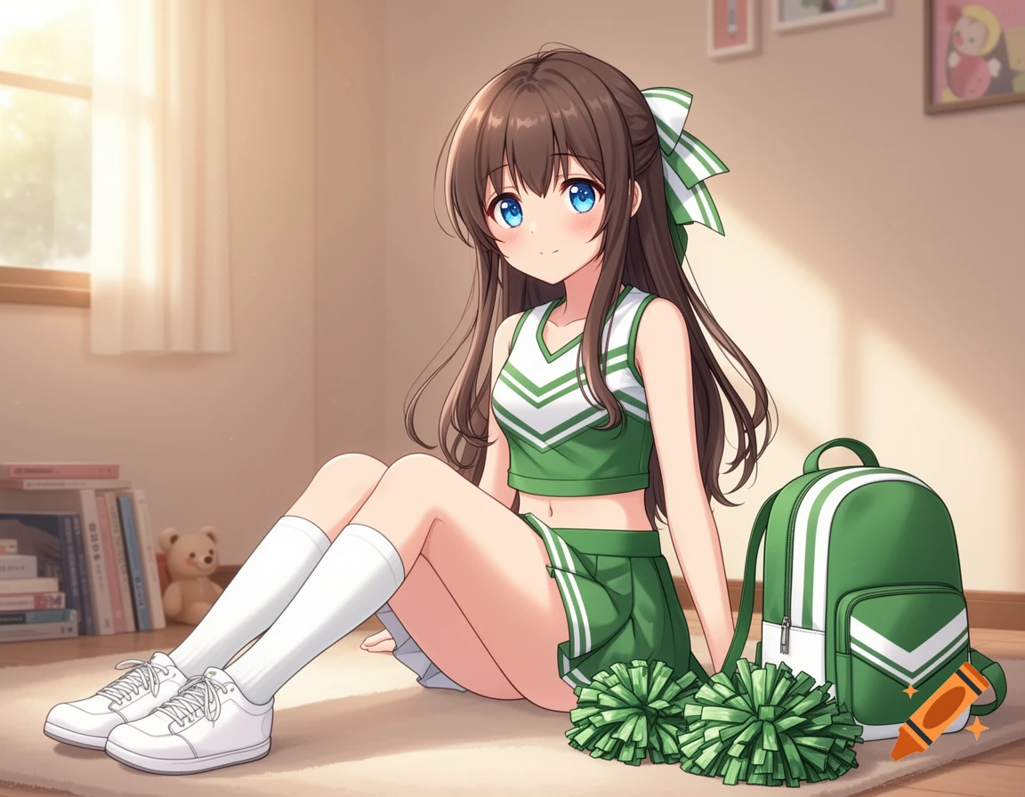An anime girl in a green and white cheerleader outfit sits on a rug indoors, with a matching backpack and pom-poms next to her.