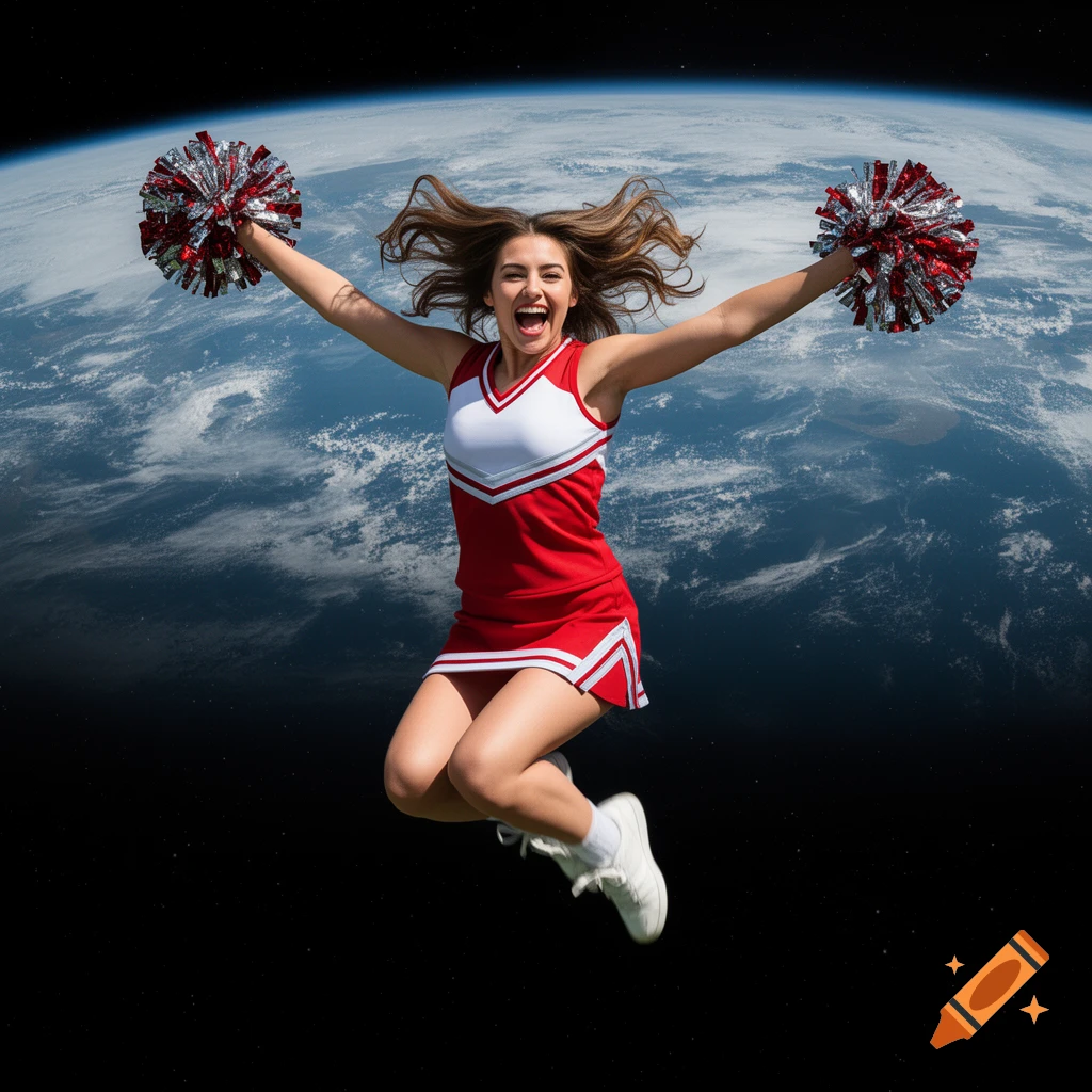 A cheerful female cheerleader in red and white uniform jumps with pom-poms against the Earth viewed from space.