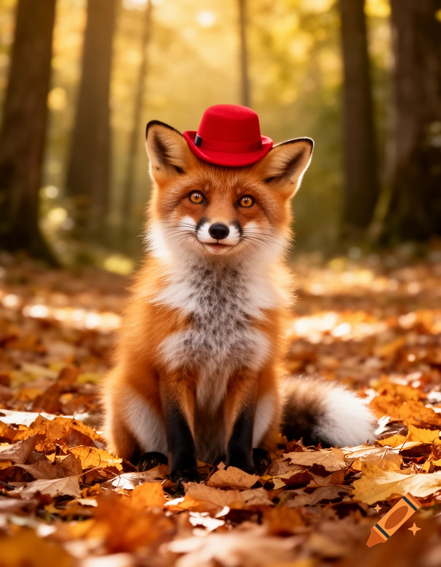 A cute red fox wearing a small red hat sits among fallen autumn leaves in a sunlit forest.