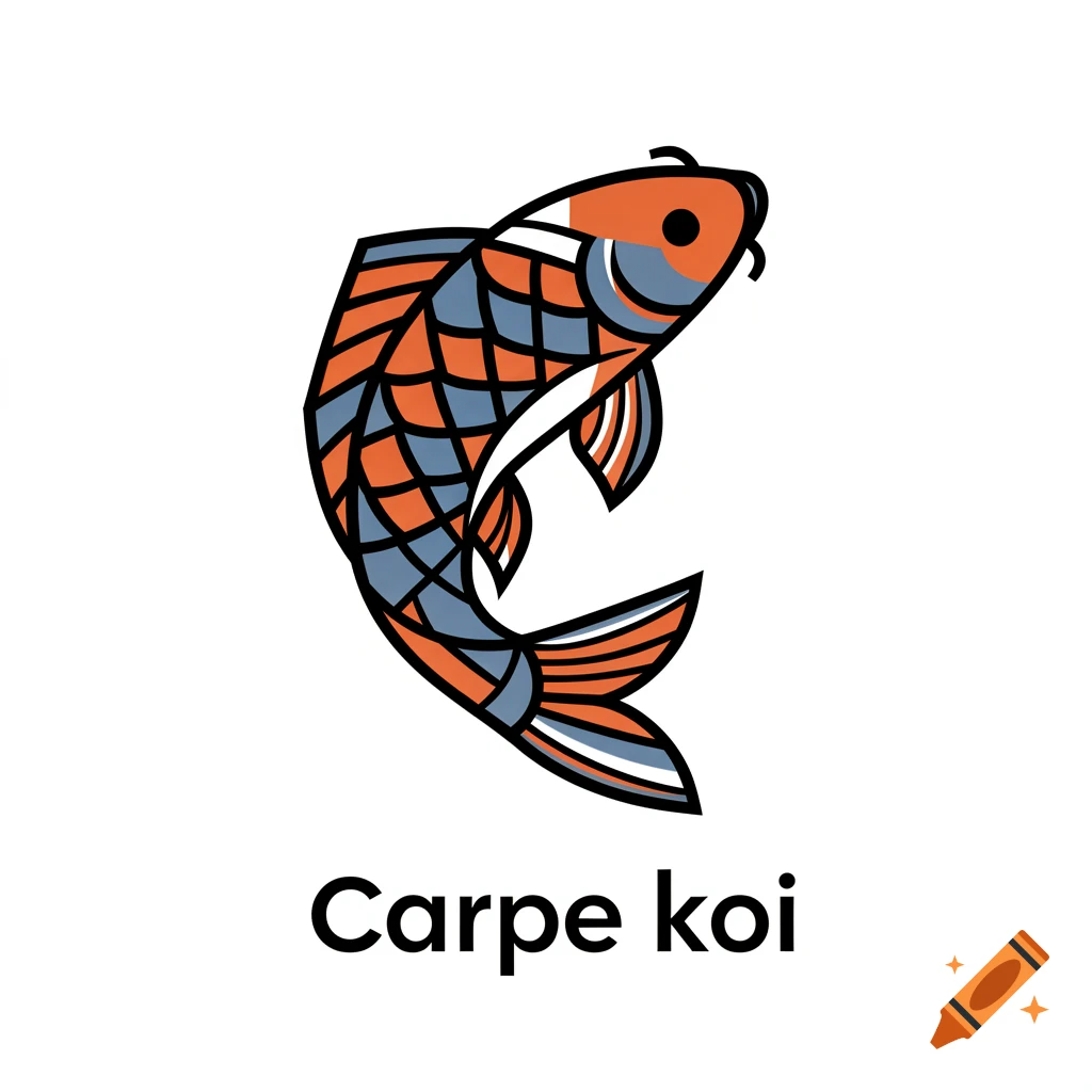 A stylized geometric koi fish illustration in orange and blue, with the text 'Carpe koi' underneath.
