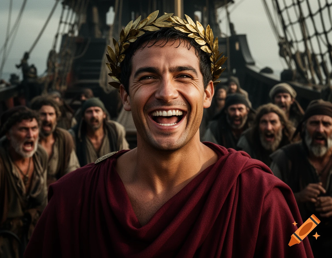 A confident Roman man in a toga and laurel wreath laughs heartily with a crowd of blurred men on a ship in the background.