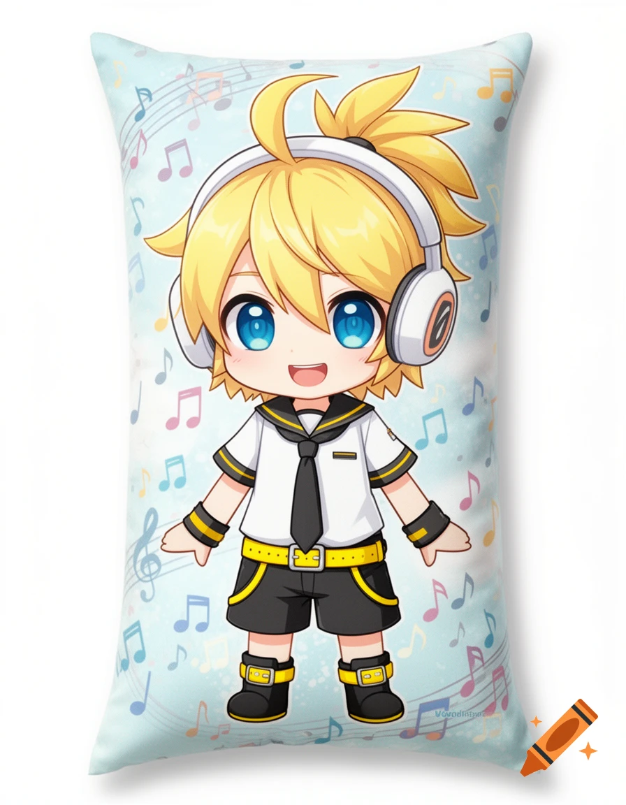Chibi anime character Kagamine Len with blonde hair and headphones, wearing a sailor uniform, printed on a light blue pillow with musical notes.