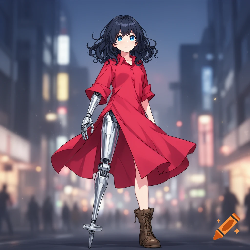 Anime girl with a prosthetic left arm and leg, wearing a red shirt and brown boot, standing in a blurred city street at night.