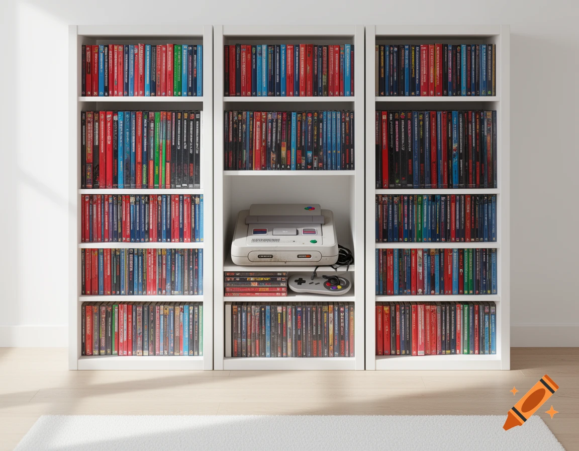 A photorealistic image of three white bookshelves filled with video game cases in red, blue, and green tones, with a Super Nintendo console and controller on a middle shelf.