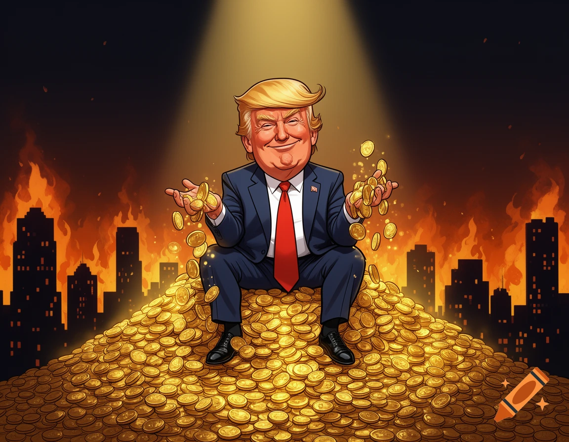 Cartoon Donald Trump sits on a pile of gold coins, coins trickling from his hands, as a city burns in the background.