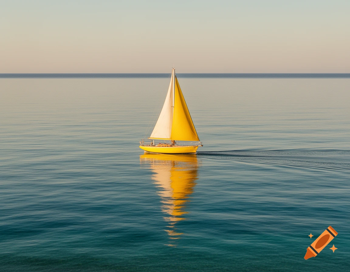 A bright yellow sailboat with a white and yellow sail glides smoothly on calm blue-green water under a pale sky.