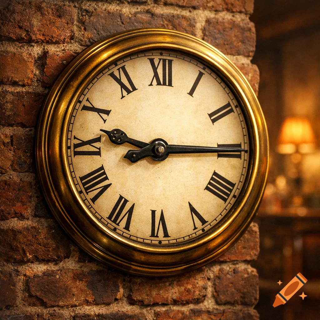 A close-up of a vintage brass wall clock with Roman numerals on a rustic brick wall, with a blurred lamp in the background.