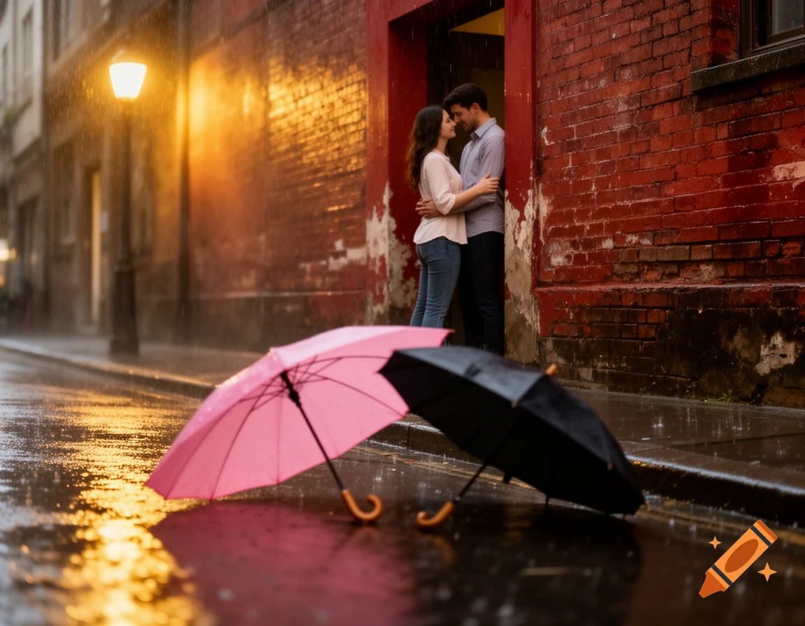 A couple embraces in a red brick doorway on a wet, rainy street with a pink and black umbrella lying in the foreground.