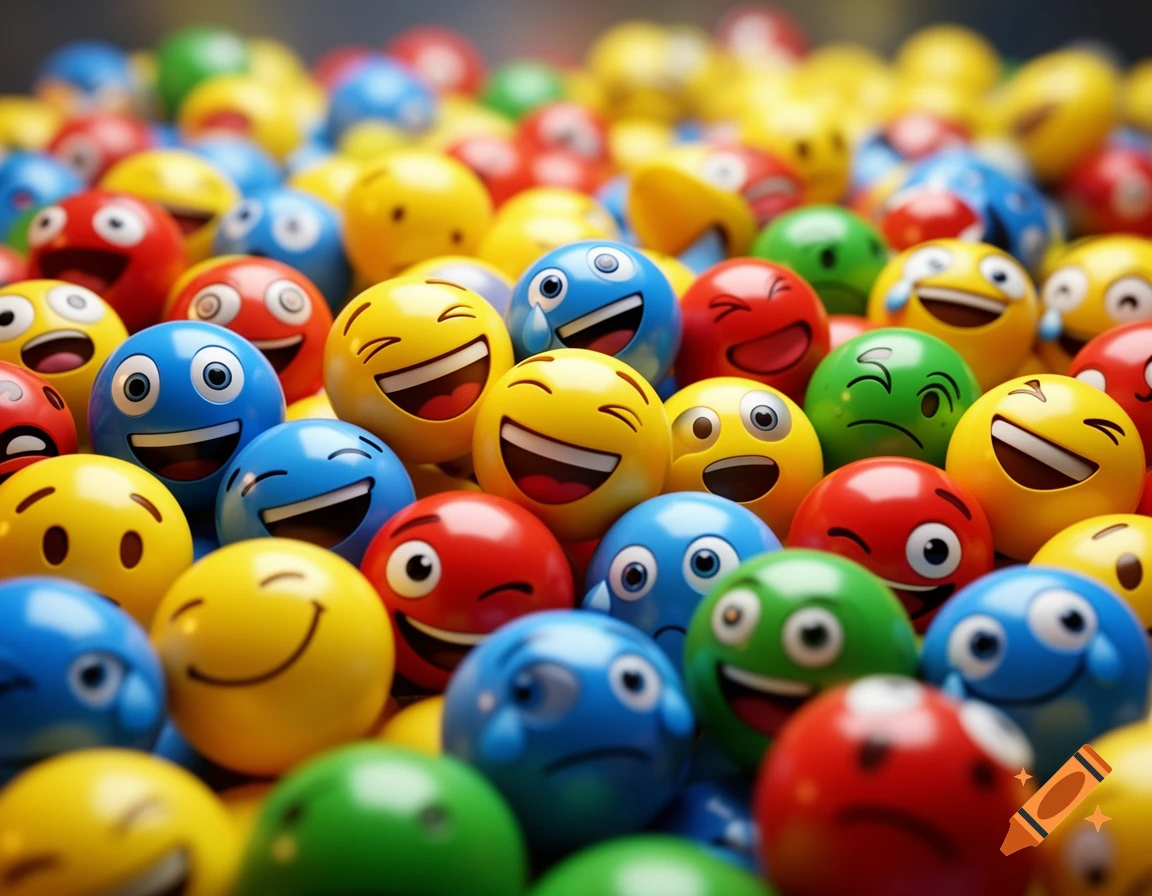 A close-up of a large pile of colorful, glossy emoji balls with various happy and silly expressions.
