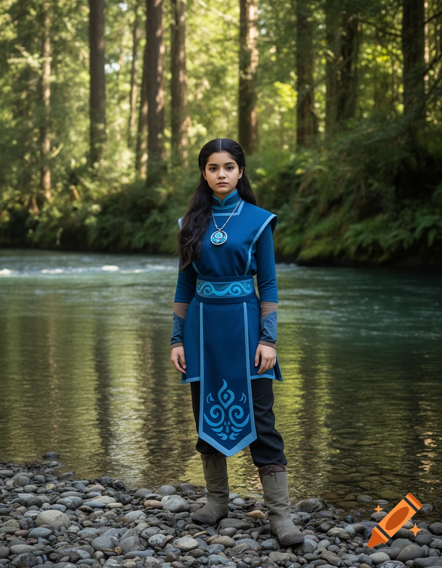 A young woman dressed in a blue cosplay outfit with intricate patterns stands on a rocky riverbank in a forest.
