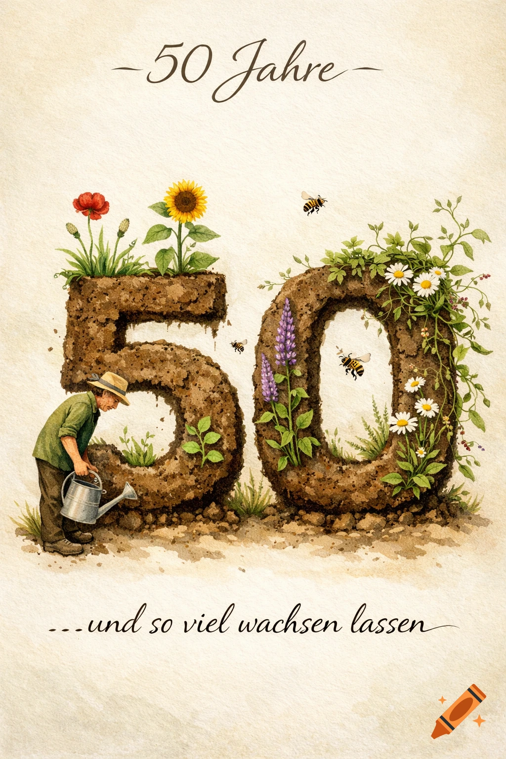 Watercolor illustration of the number 50 made of soil and plants, a gardener watering them, and bees. Text: "50 Jahre" and "...und so viel wachsen lassen."