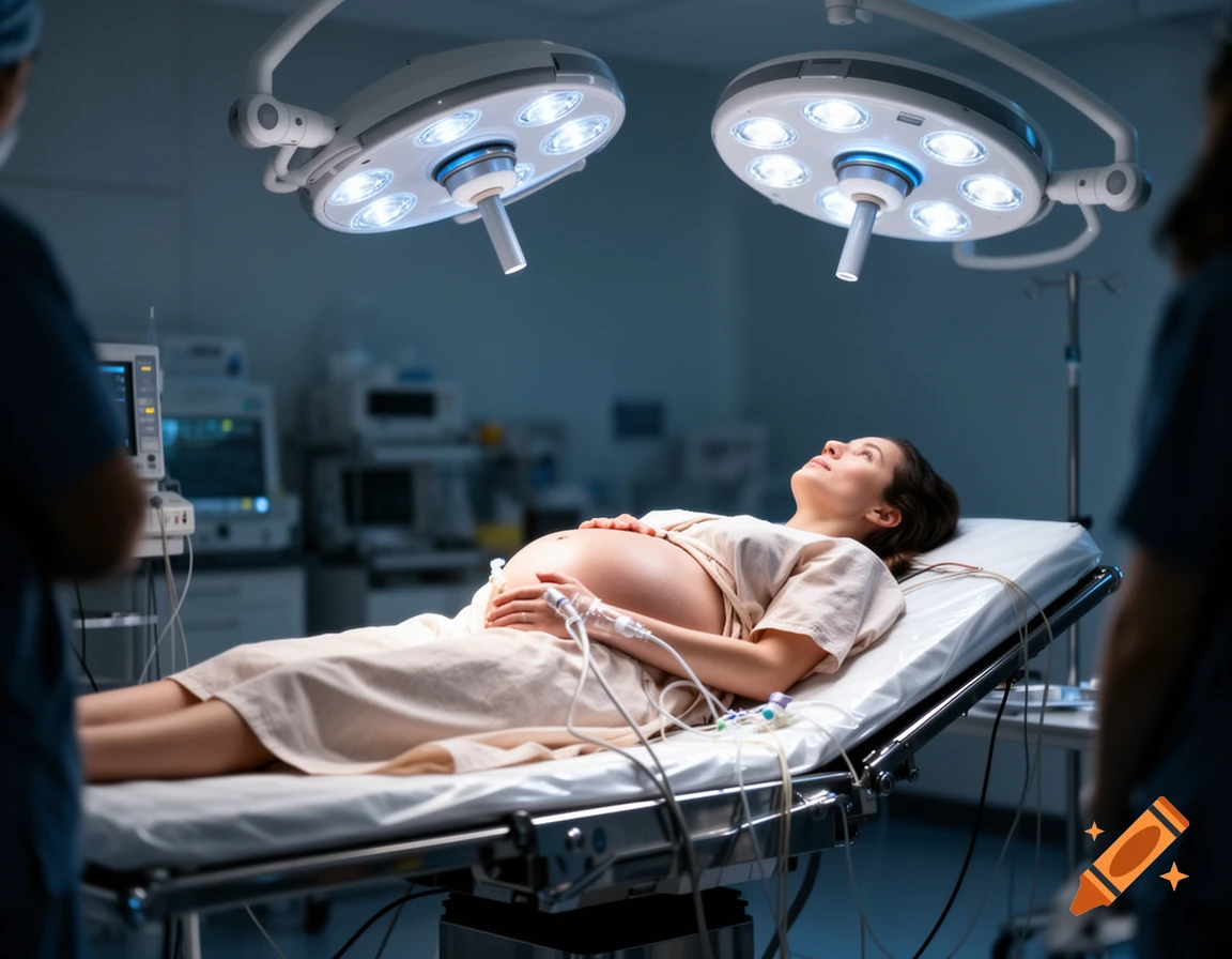 A pregnant woman lies on an operating table under bright surgical lights, wired to medical equipment.