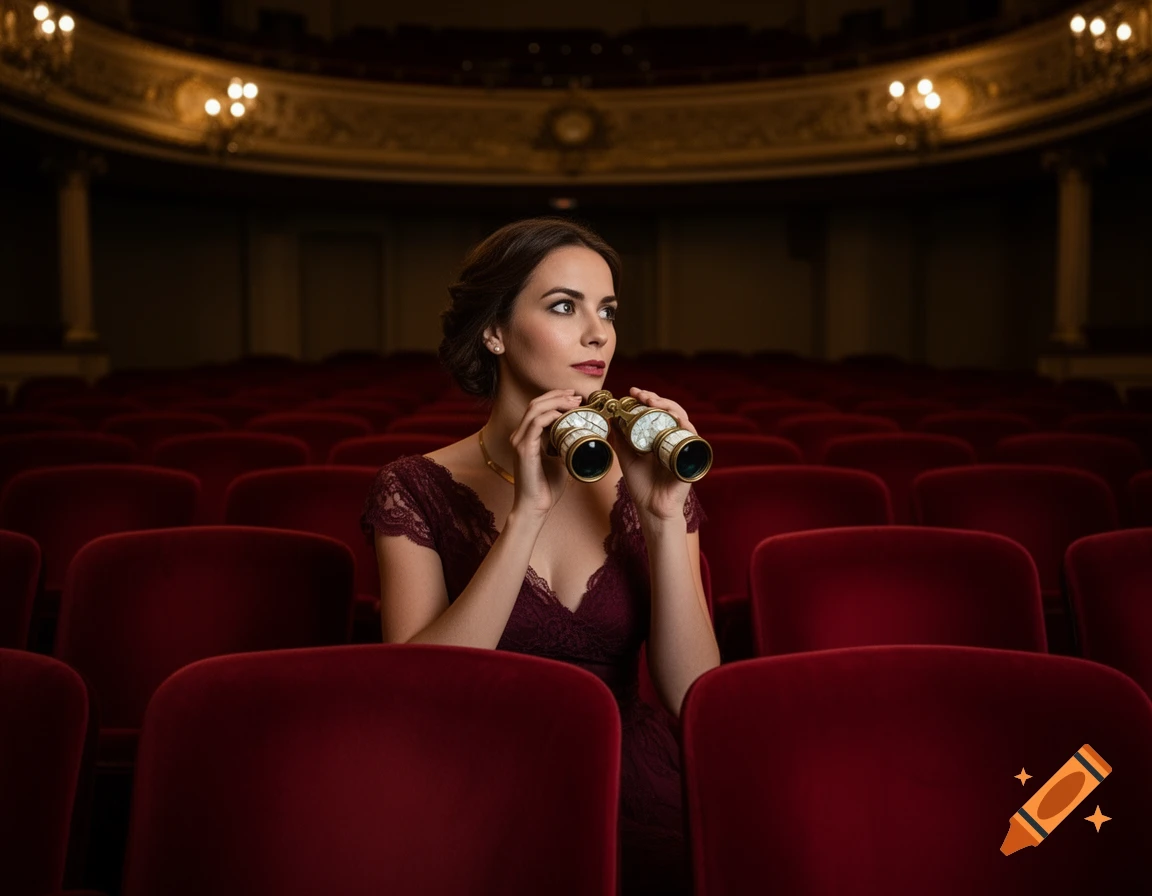 A woman in a maroon dress sits in an empty theater with red seats, looking to the side through vintage opera binoculars.
