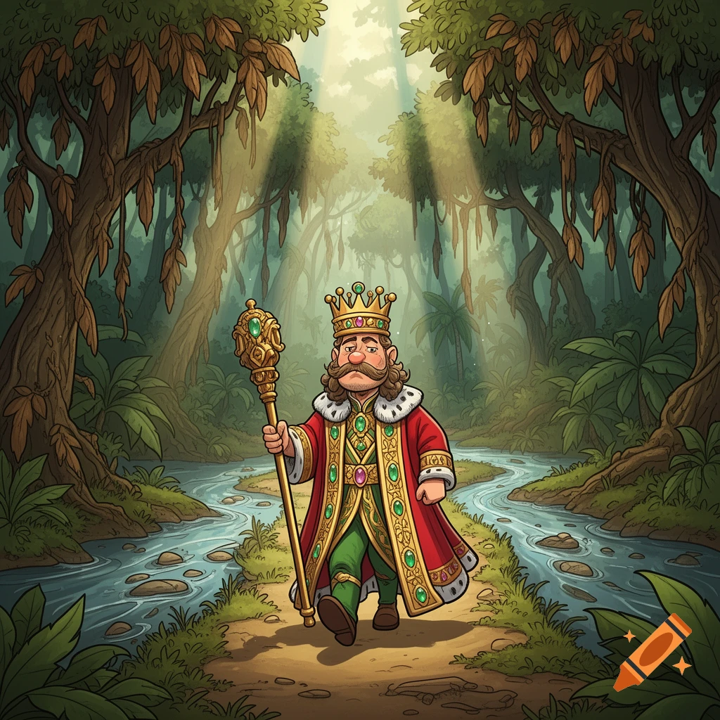 A cartoon king with a crown, mustache, and scepter walks along a path in a lush jungle with a winding river.