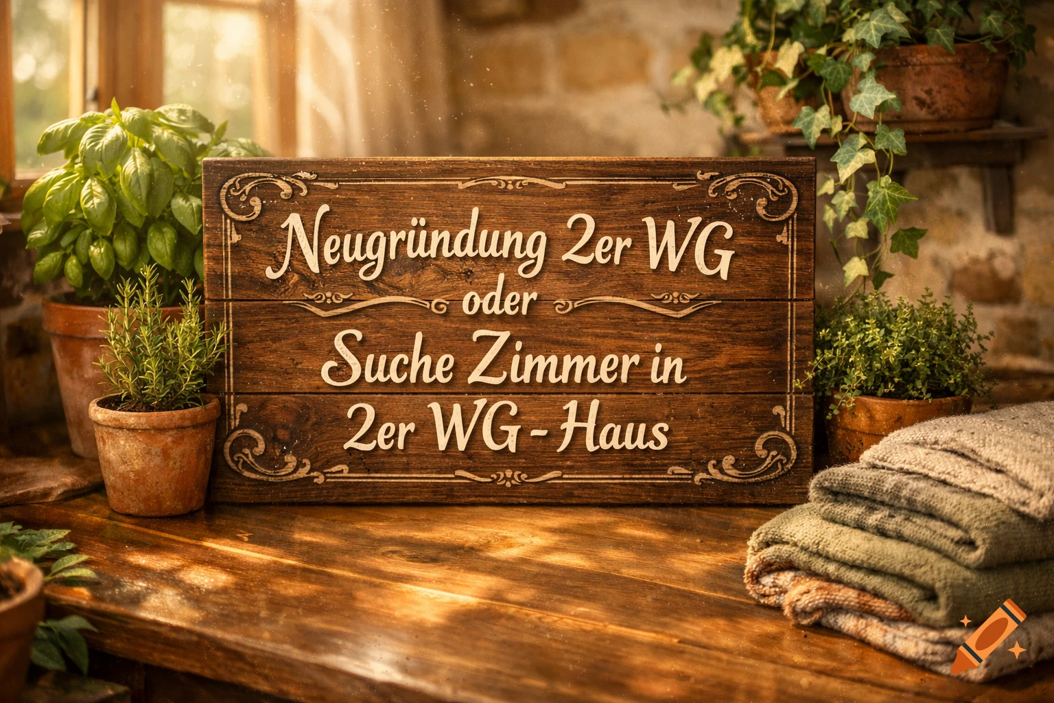 Rustic wooden sign with German text among potted plants and folded blankets, illuminated by warm light from a window.