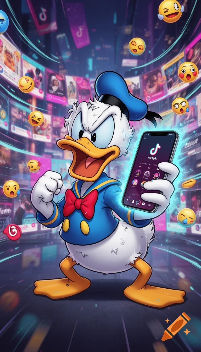 Angry Donald Duck holding a glowing TikTok smartphone, surrounded by emojis and social media screens in a vibrant, digital art style.